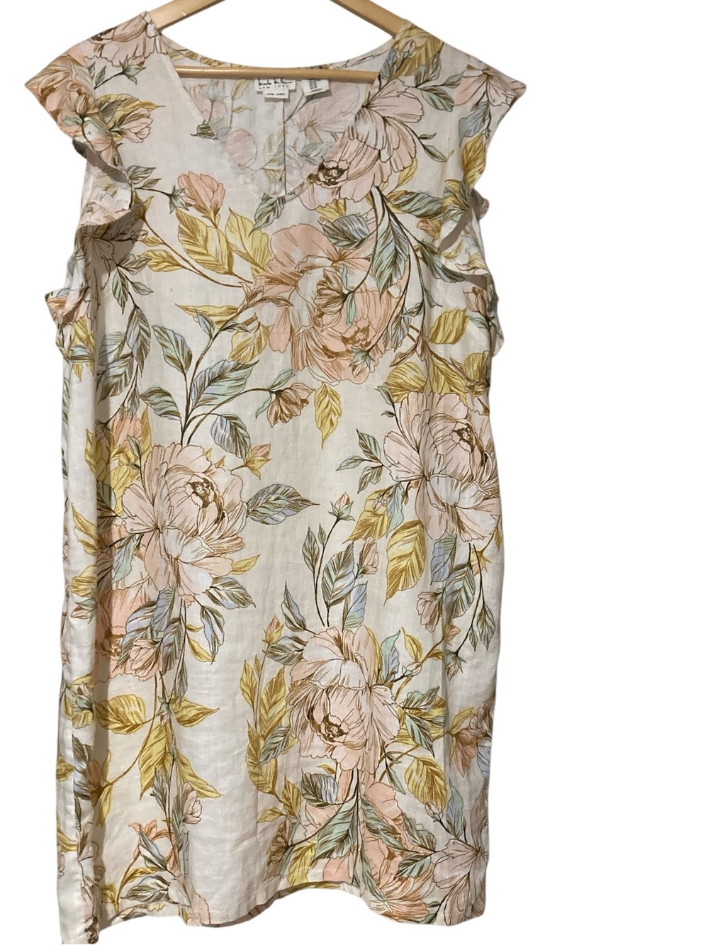 Nicole Miller floral 100% linen shift dress  with ruffle flutter sleeves.